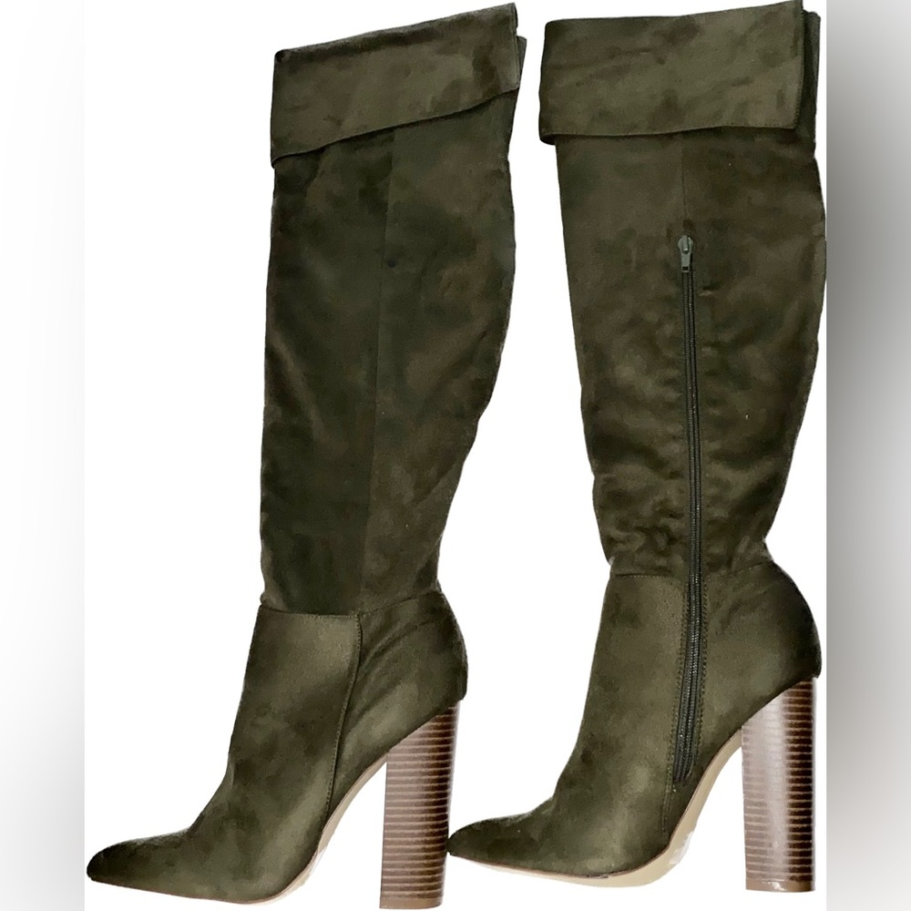 Knee High Faux Suede olive green fashion boots by Olivia Ferguson